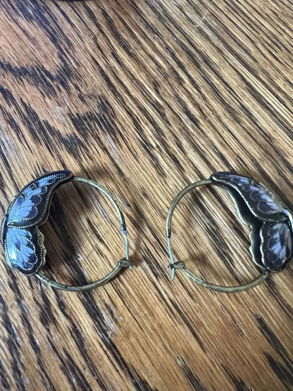 Vintage Butterfly Enamel Hoop Earrings with Stained Glass Style Wings